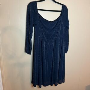 3xl Midnight Blue Shimmer Midi Dress With Sheer Sleeves